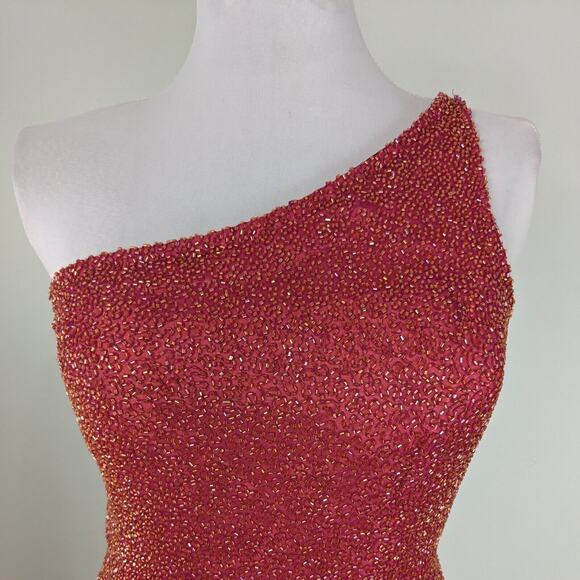 Sean Collection Prom Dress Maxi Gown Y2K Beaded Silk Shoulder Slit Sheath Pink L - Picture 7 of 14